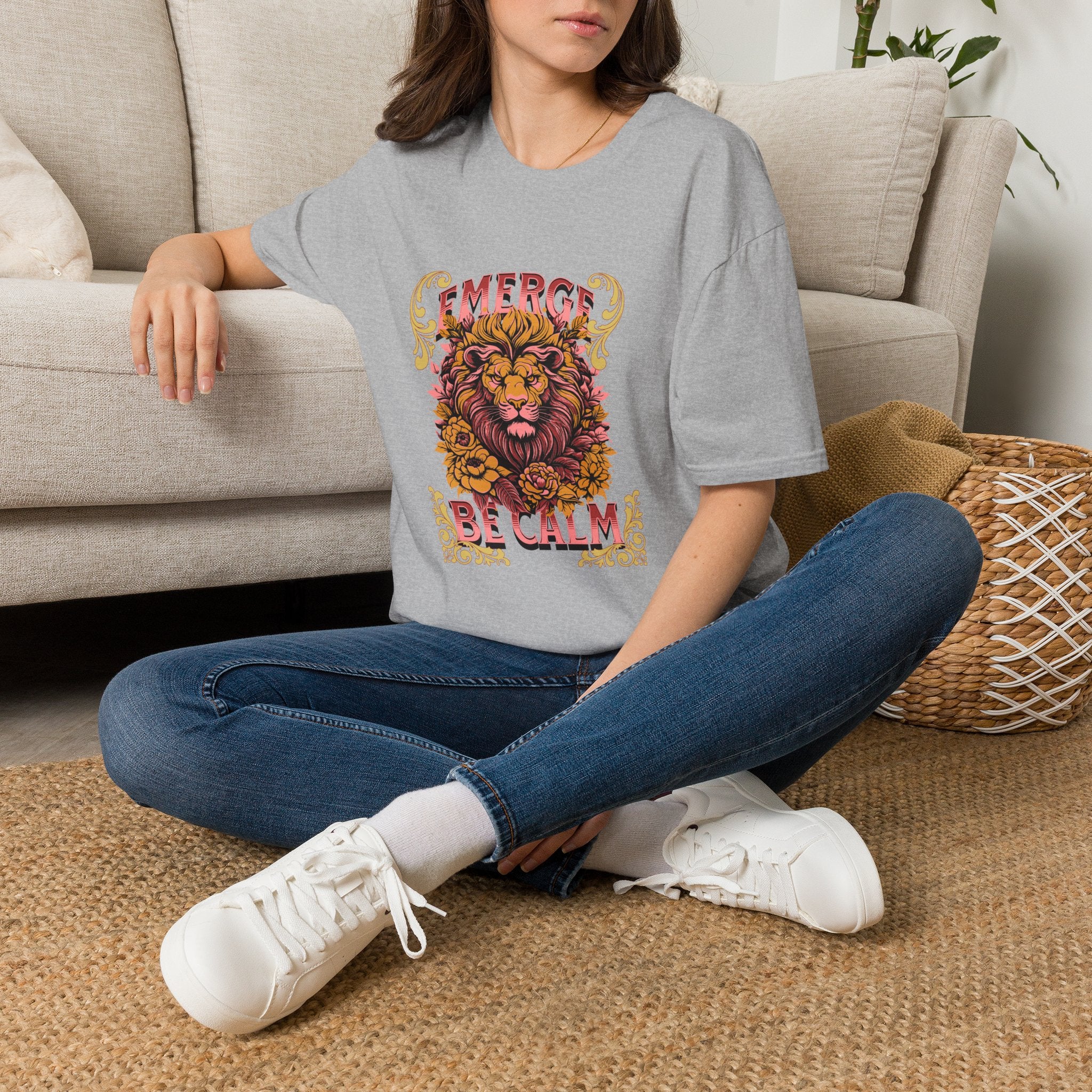 Lion 'Emerge Be Calm' Graphic T-Shirt — Bold Vintage Wildlife Tee