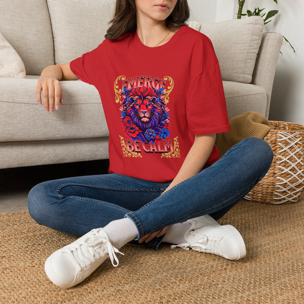 Emerge Be Calm Lion T-Shirt — Bold Floral Lion Graphic Tee