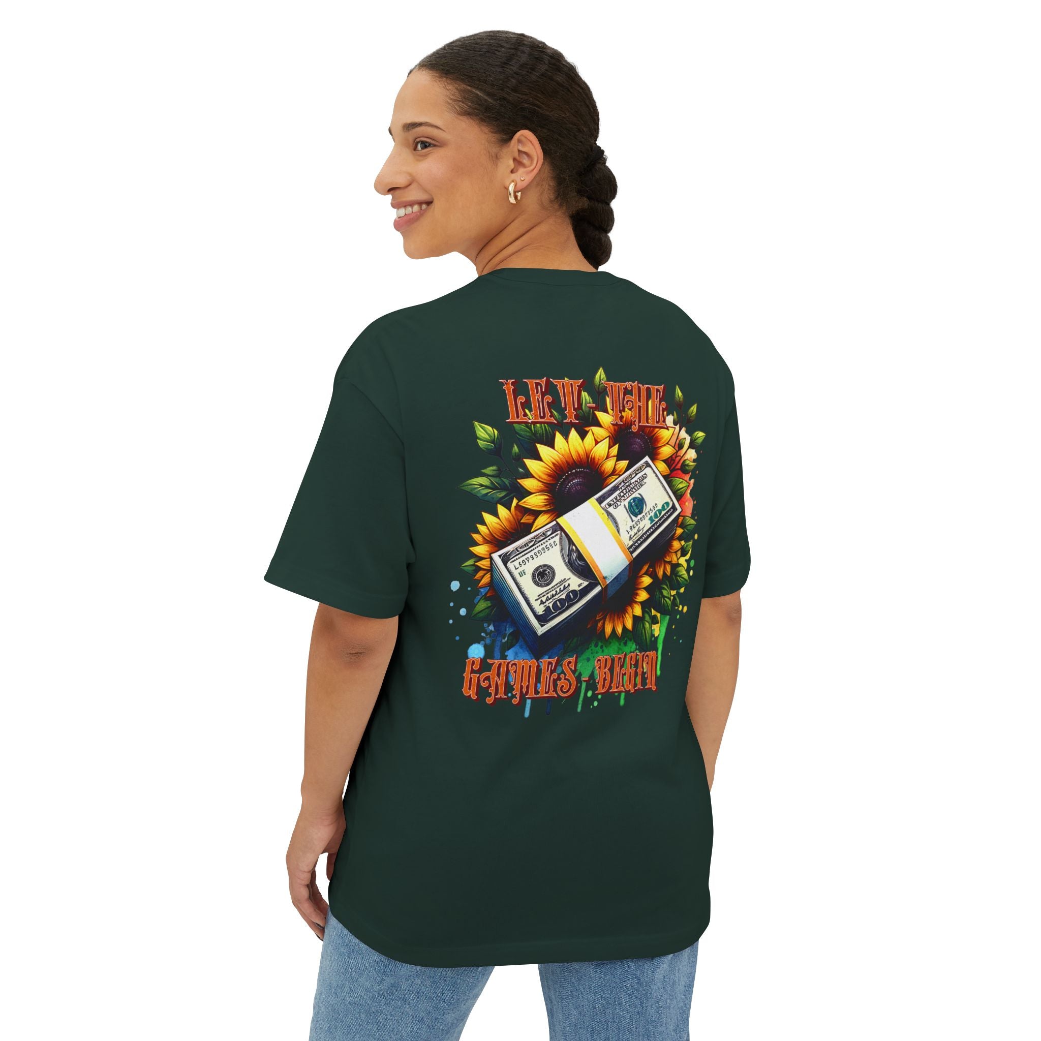 Money & Sunflowers Graphic Tee — "Let the Money Bloom" Oversized Boxy T‑Shirt