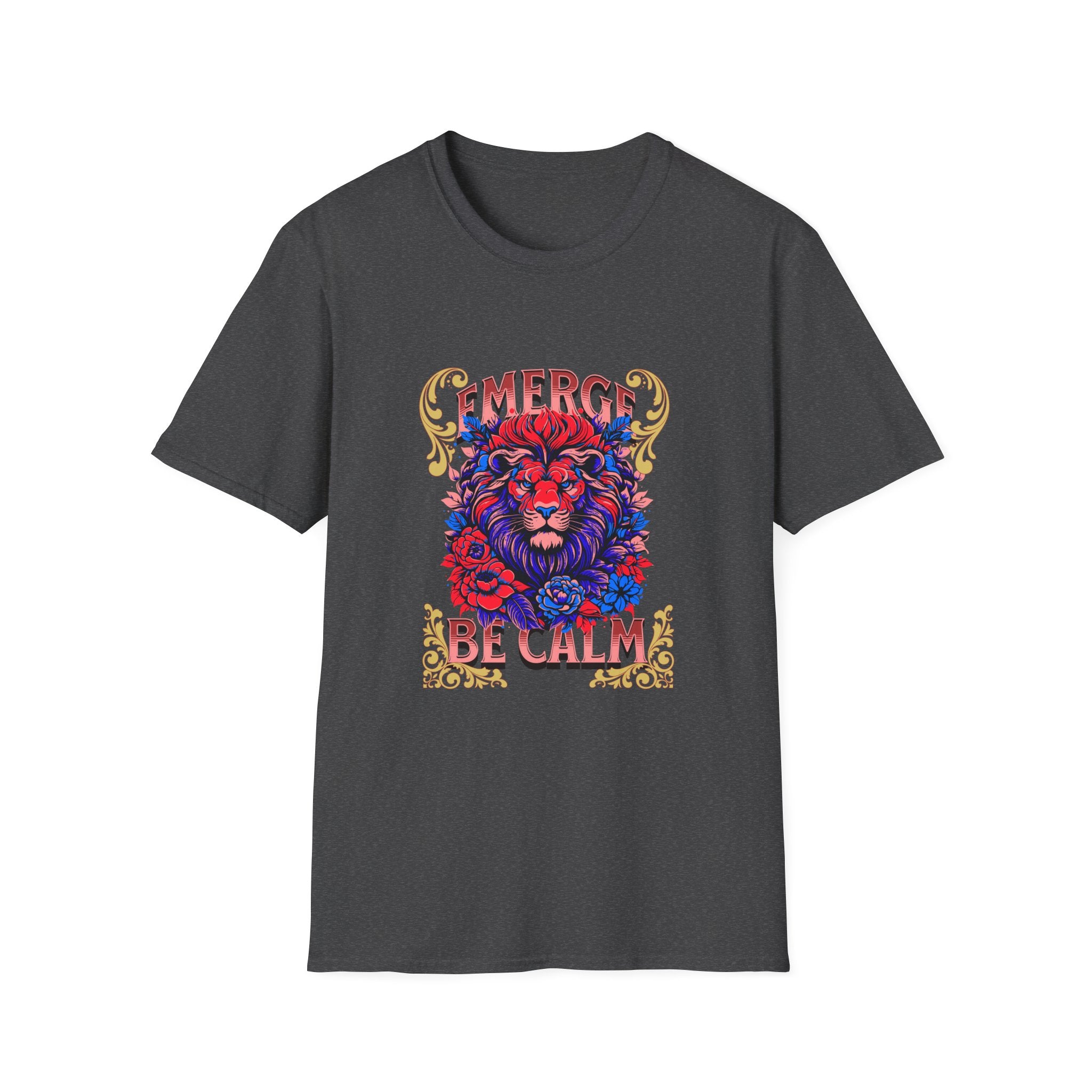Emerge Be Calm Lion T-Shirt — Bold Floral Lion Graphic Tee