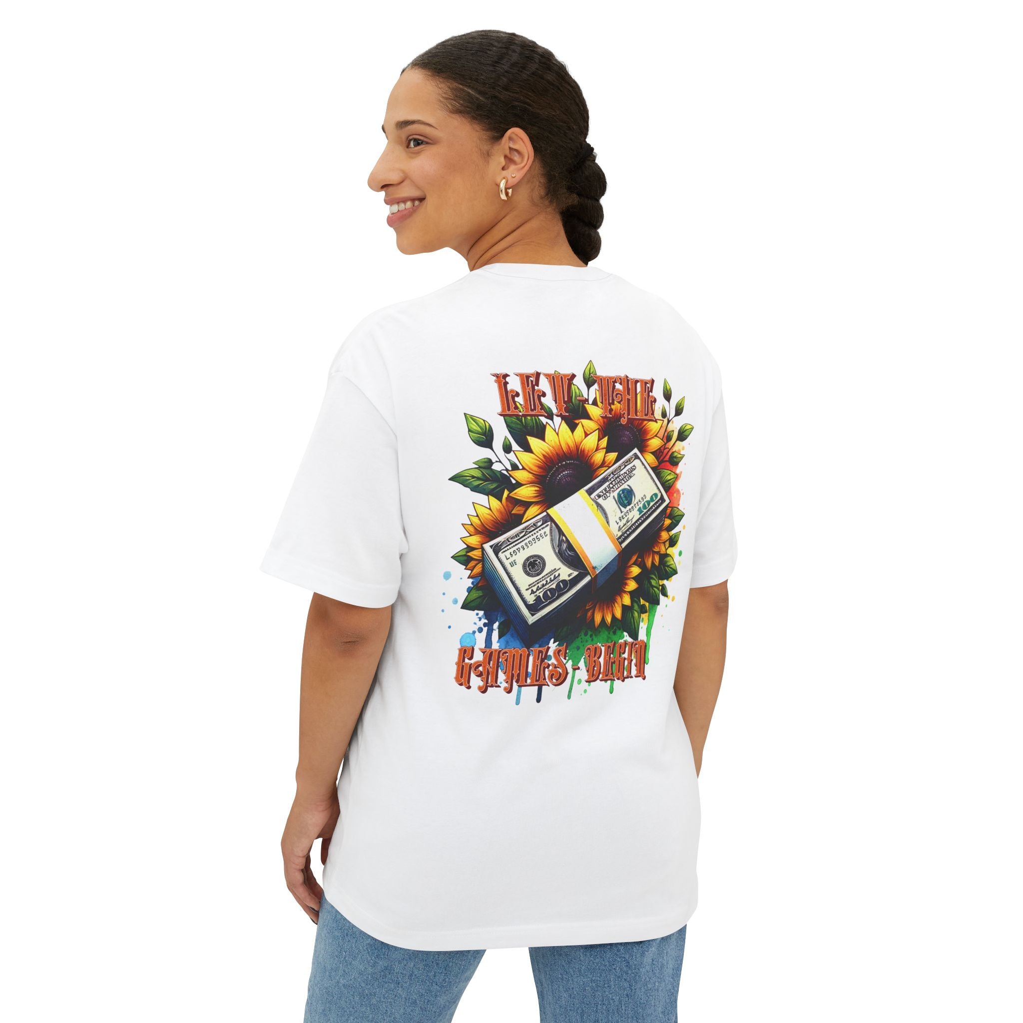 Money & Sunflowers Graphic Tee — "Let the Money Bloom" Oversized Boxy T‑Shirt