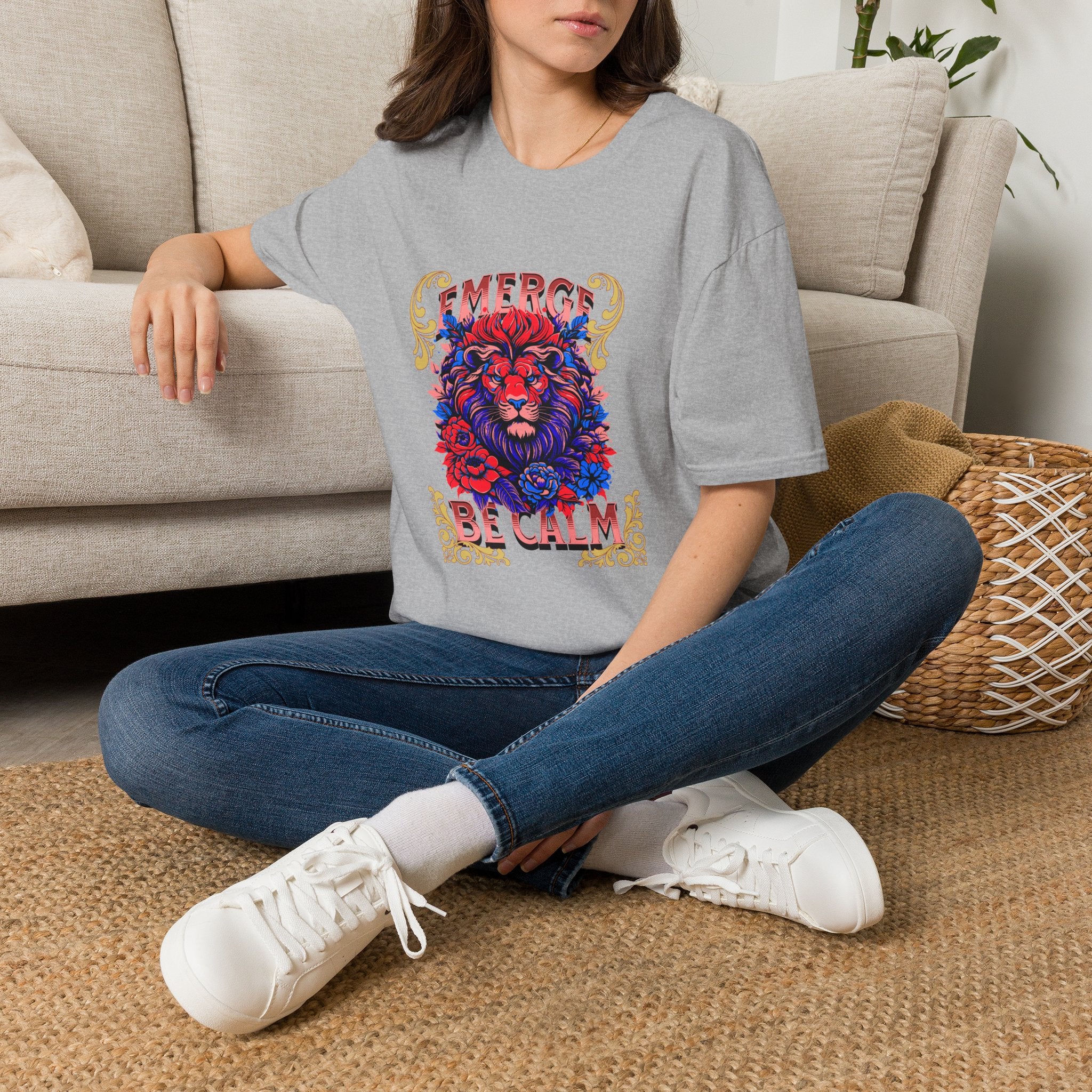 Emerge Be Calm Lion T-Shirt — Bold Floral Lion Graphic Tee
