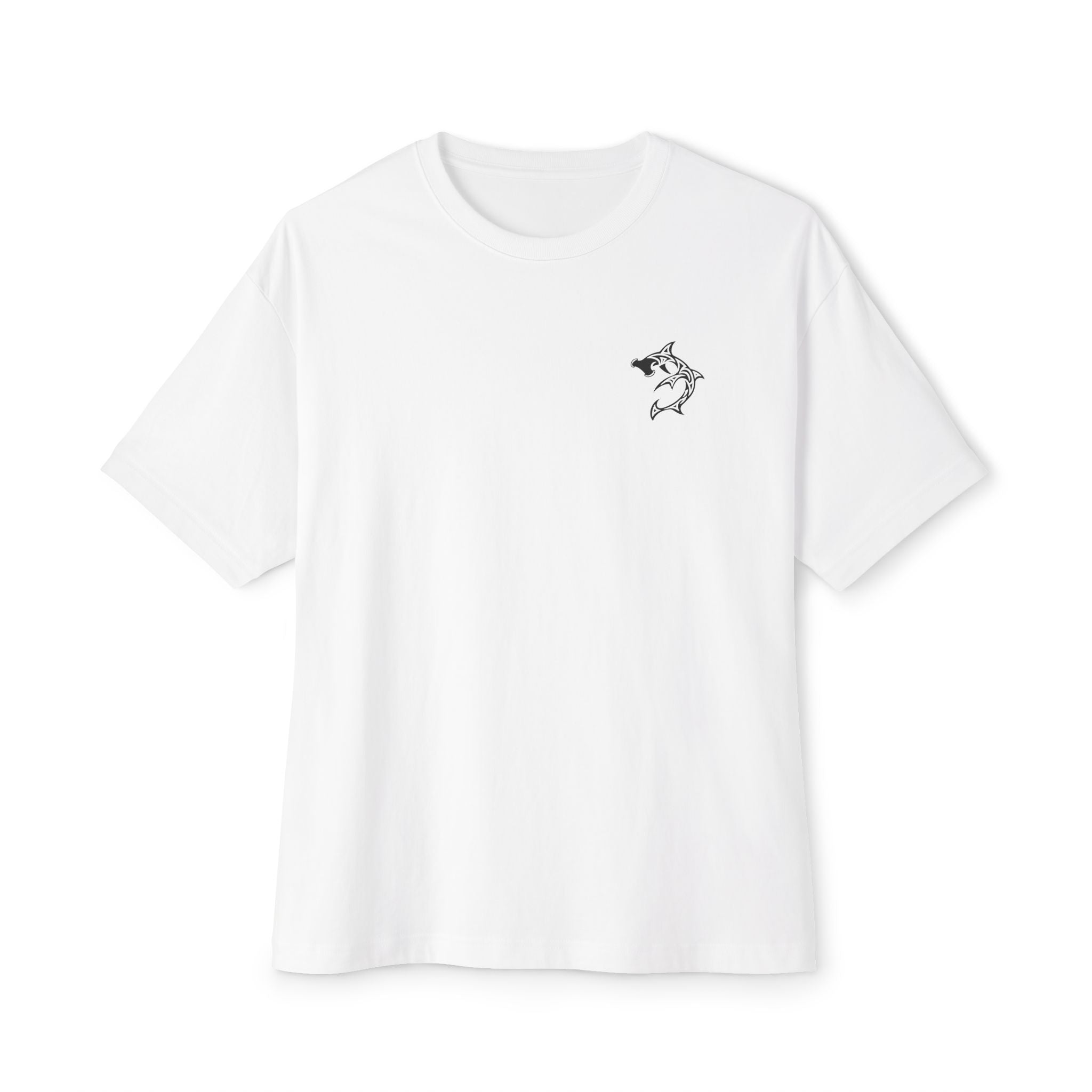 Shark Triskelion Tee — Oversized Boxy White T-Shirt with Tribal Shark Back Design
