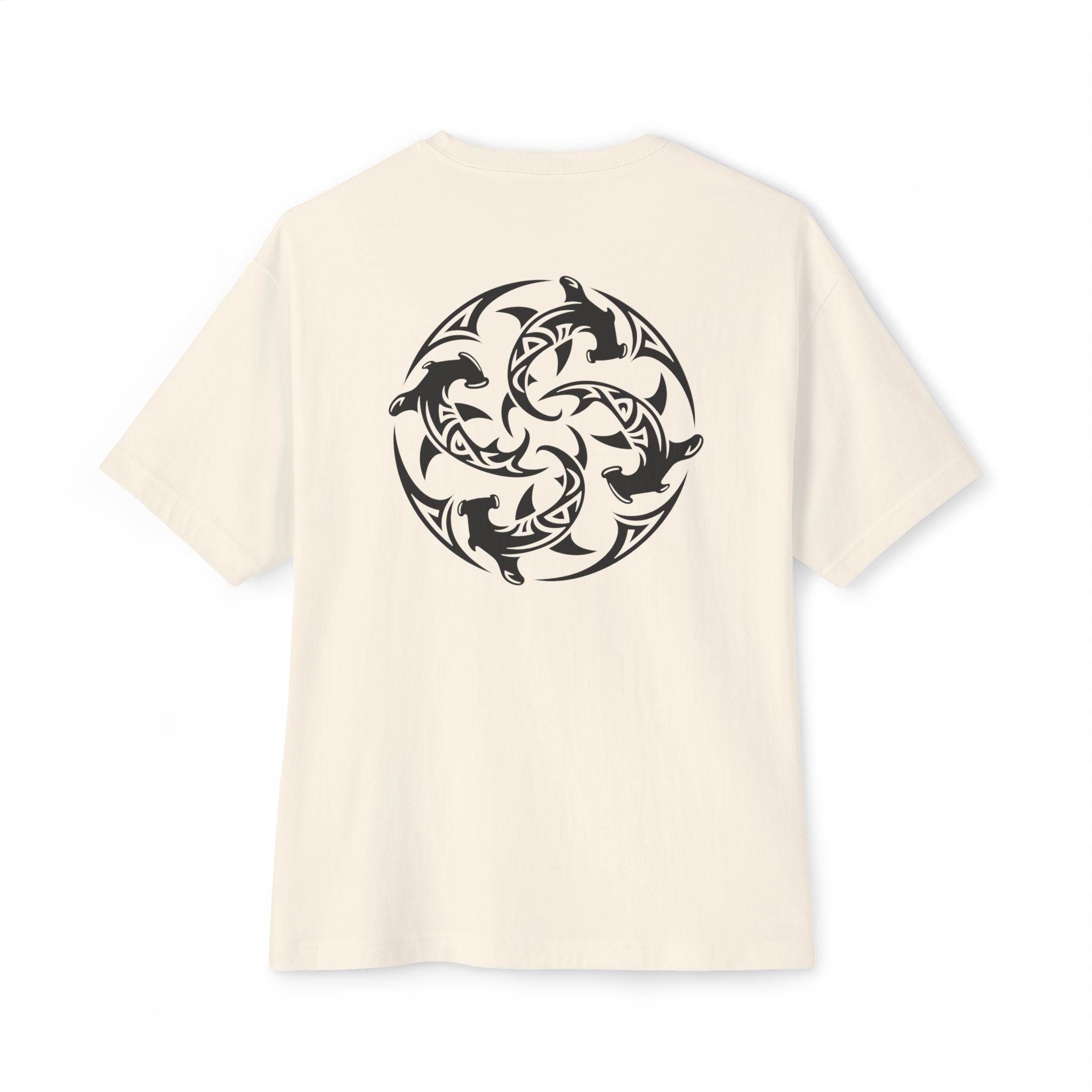Shark Triskelion Tee — Oversized Boxy White T-Shirt with Tribal Shark Back Design