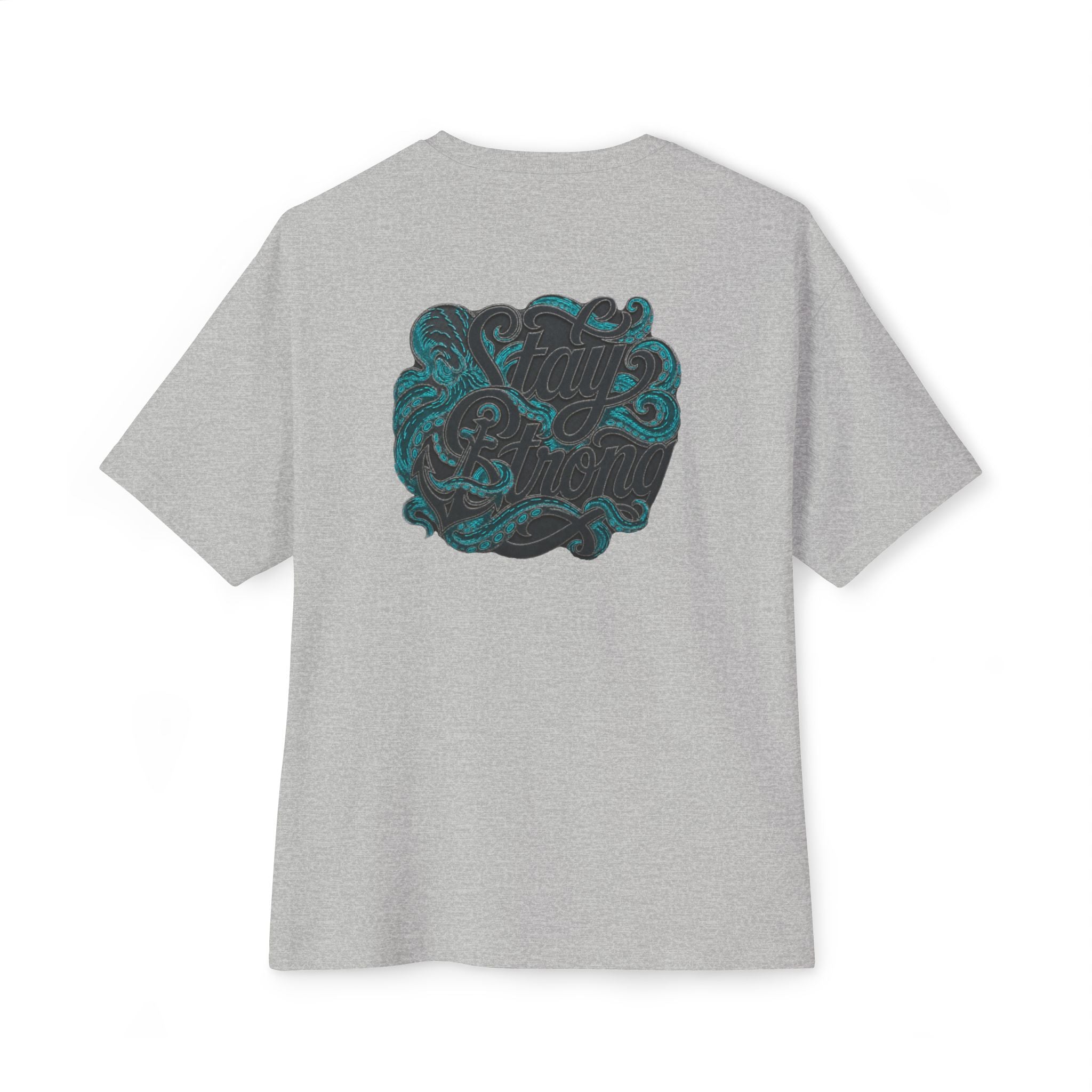 Oversized Boxy Tee — ’Stay Slow’ Floral Script Chest & Teal Back Art