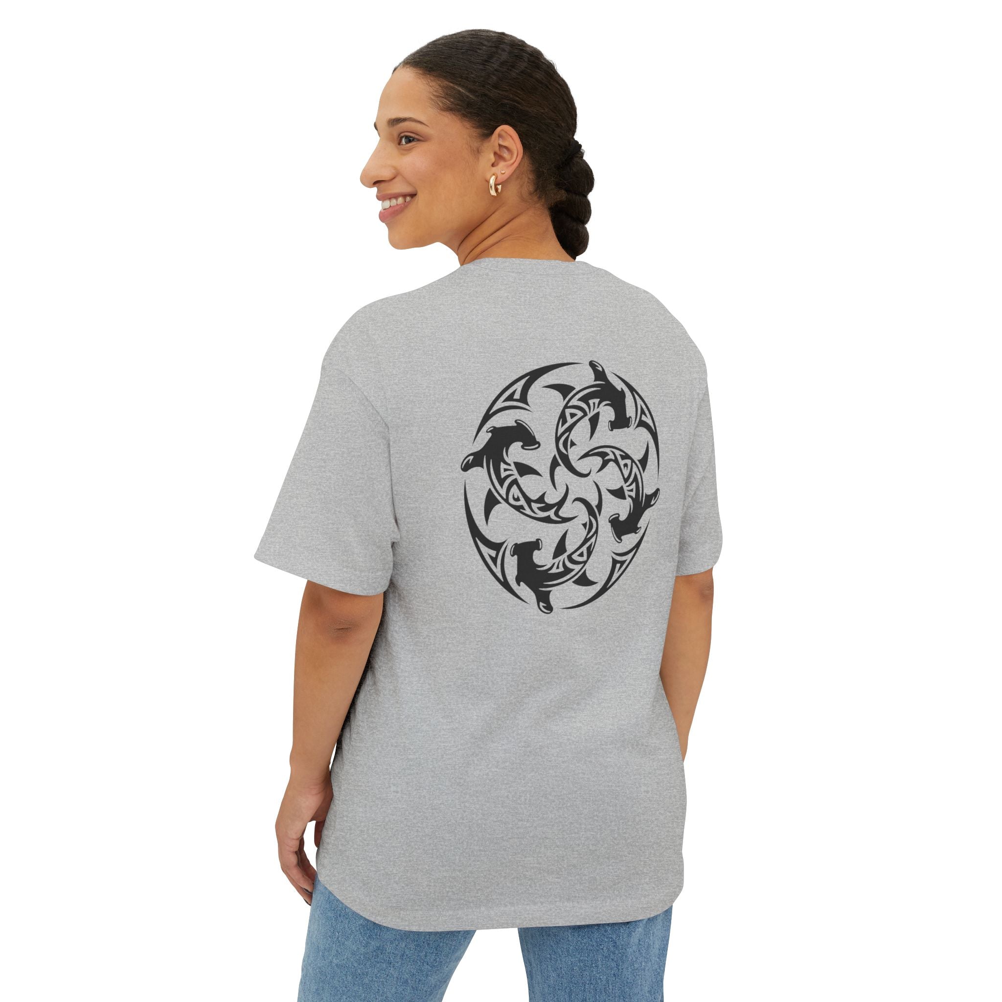 Shark Triskelion Tee — Oversized Boxy White T-Shirt with Tribal Shark Back Design
