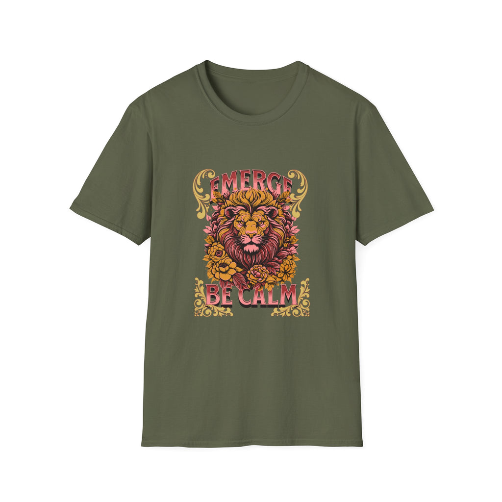 Lion 'Emerge Be Calm' Graphic T-Shirt — Bold Vintage Wildlife Tee