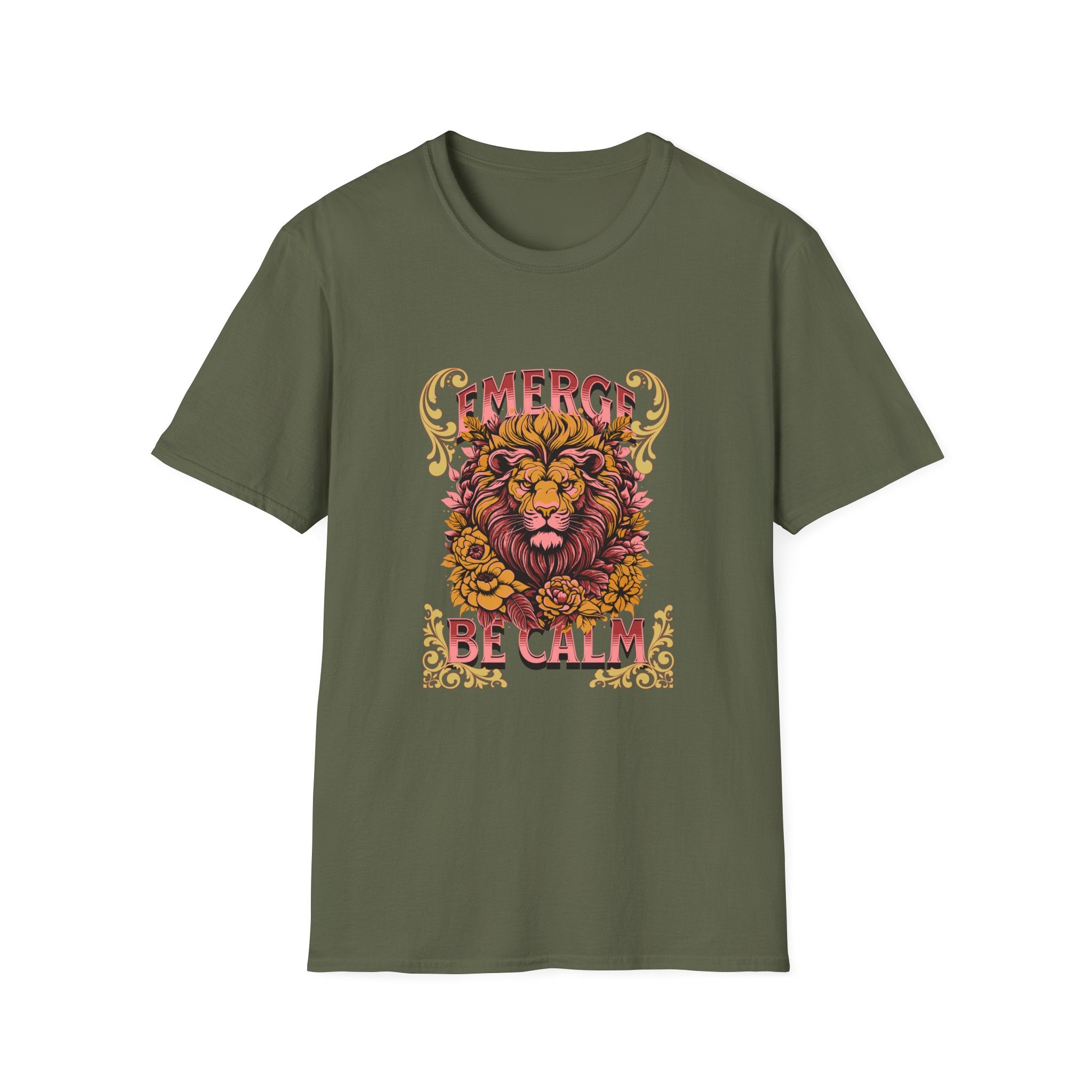 Lion 'Emerge Be Calm' Graphic T-Shirt — Bold Vintage Wildlife Tee