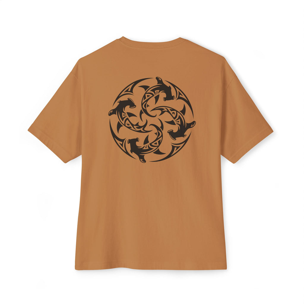 Shark Triskelion Tee — Oversized Boxy White T-Shirt with Tribal Shark Back Design