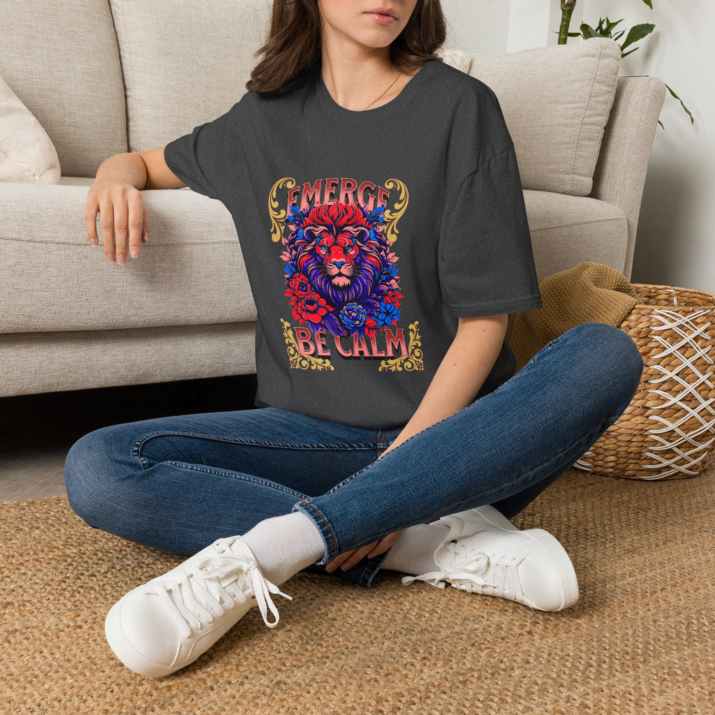 Emerge Be Calm Lion T-Shirt — Bold Floral Lion Graphic Tee