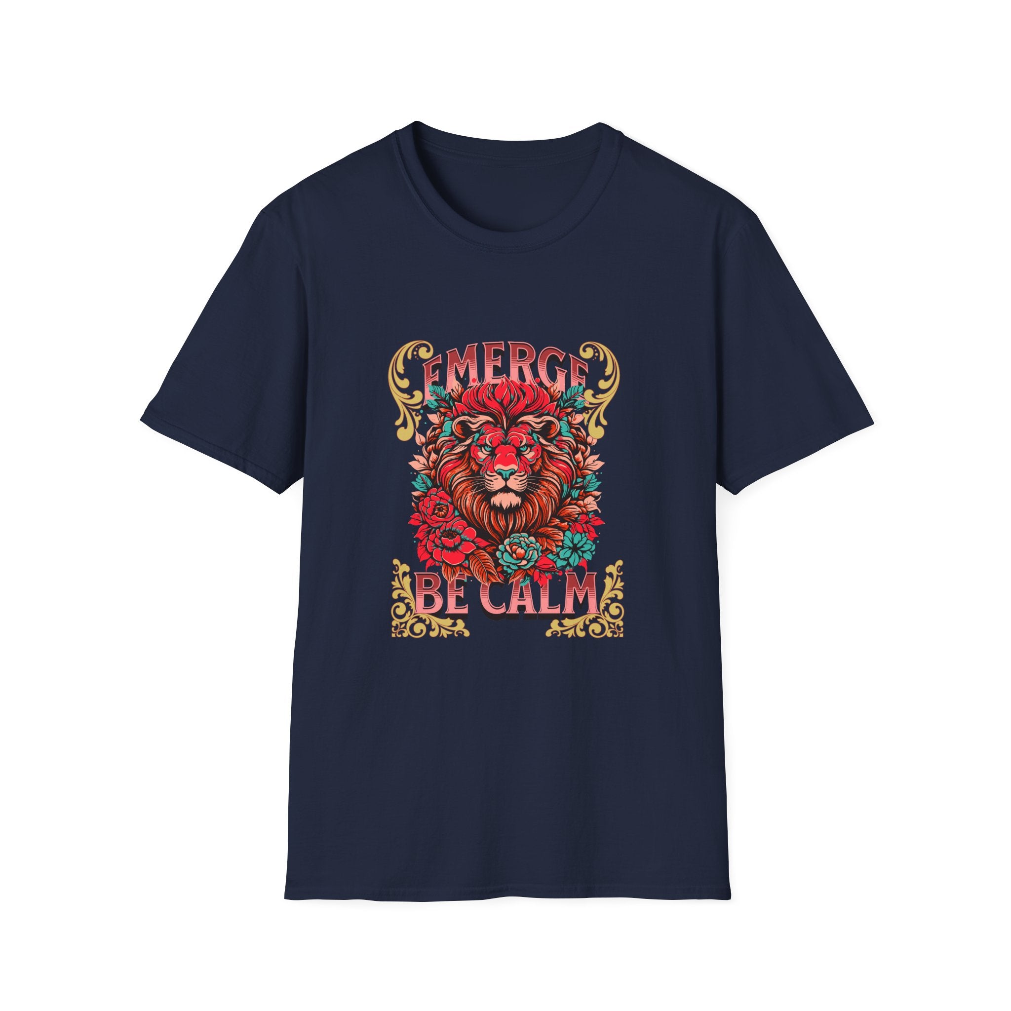 Emerge Be Calm Lion T-Shirt — Bold Floral Lion Graphic Tee