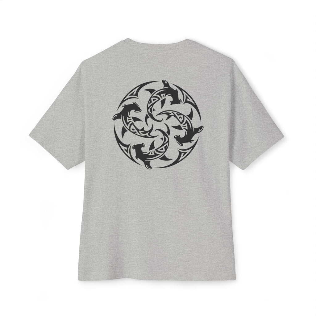 Shark Triskelion Tee — Oversized Boxy White T-Shirt with Tribal Shark Back Design