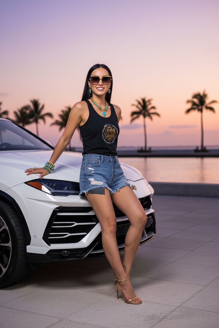 Asian Black Hair Denim White Lambo Sunset