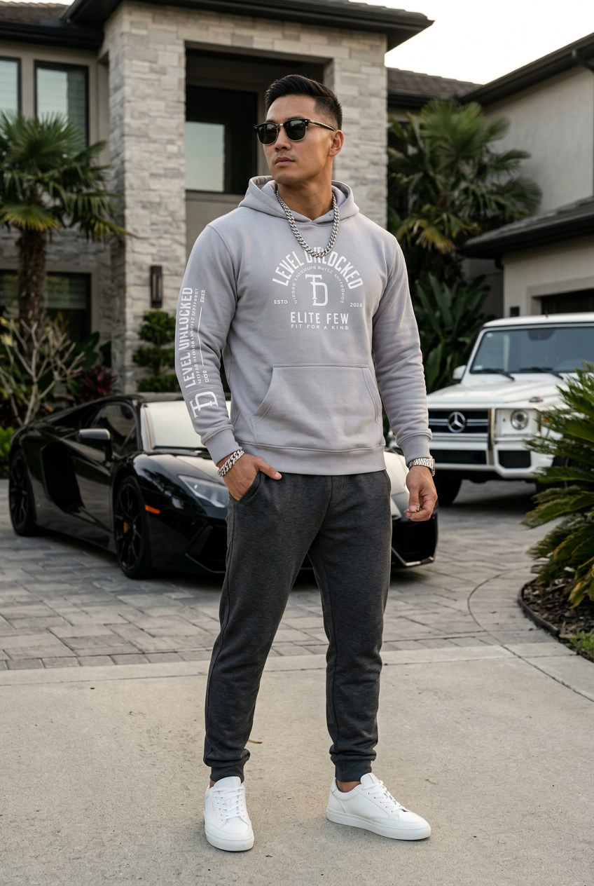 Asian male model in gray hoodie beside luxury cars