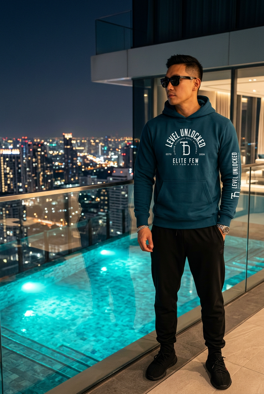 Asian male model on a luxury pool terrace overlooking city lights