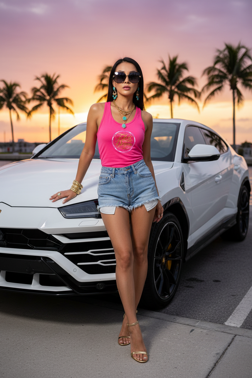 Asian Pink Tank Denim White Lambo