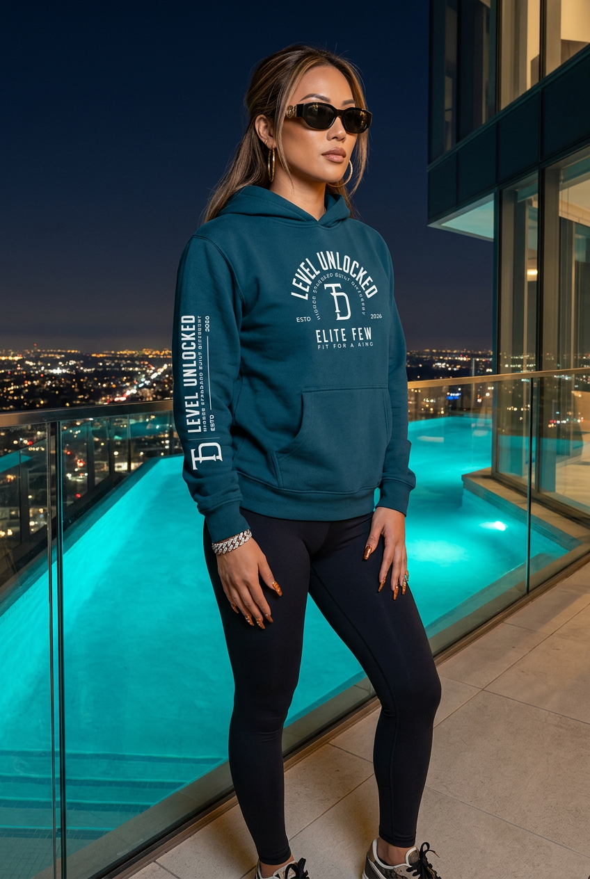 Asian woman in blue-teal hoodie on a luxury city-view terrace