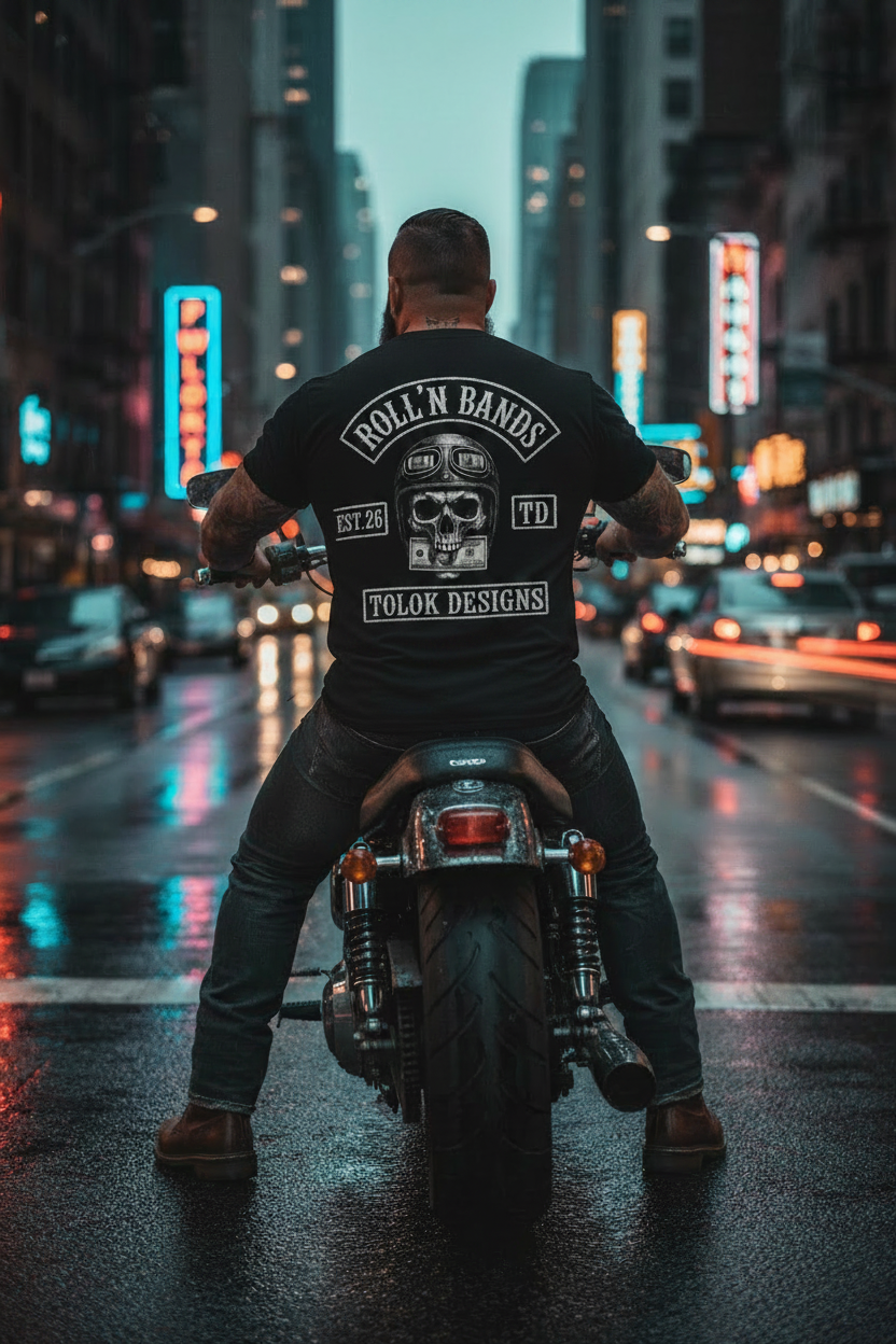 Big bearded guy on bike back - black tee