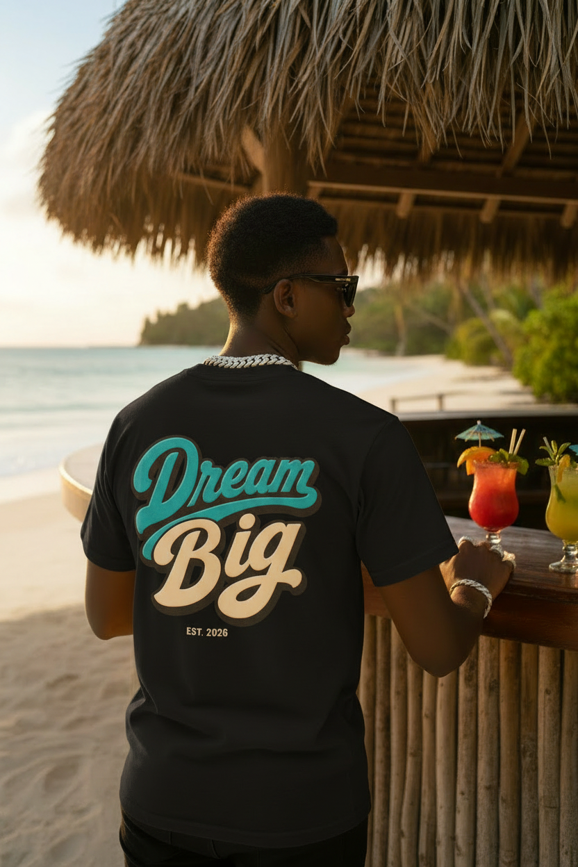 Black male - Dream Big back, black tee, tropical bar