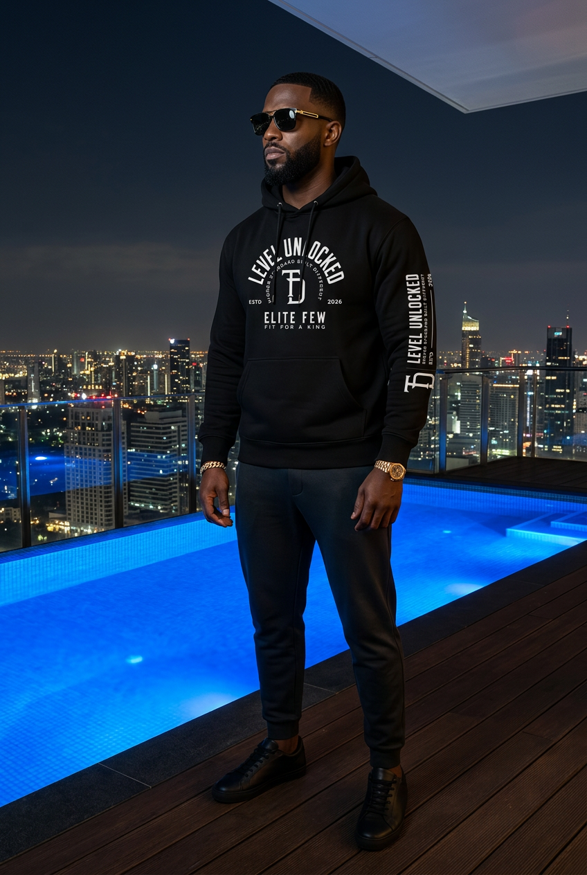 Black male model beside an illuminated penthouse pool and city skyline