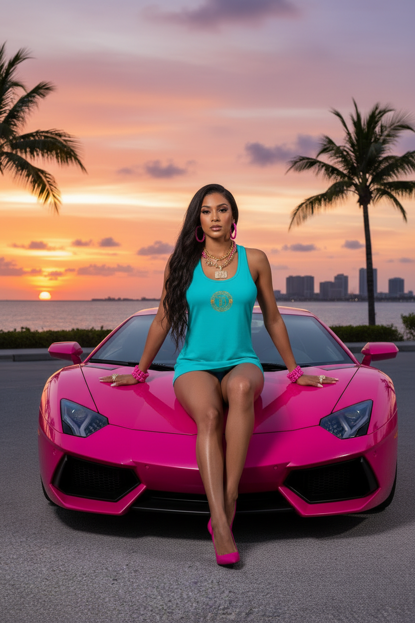 Black Model Sitting on Hood Front