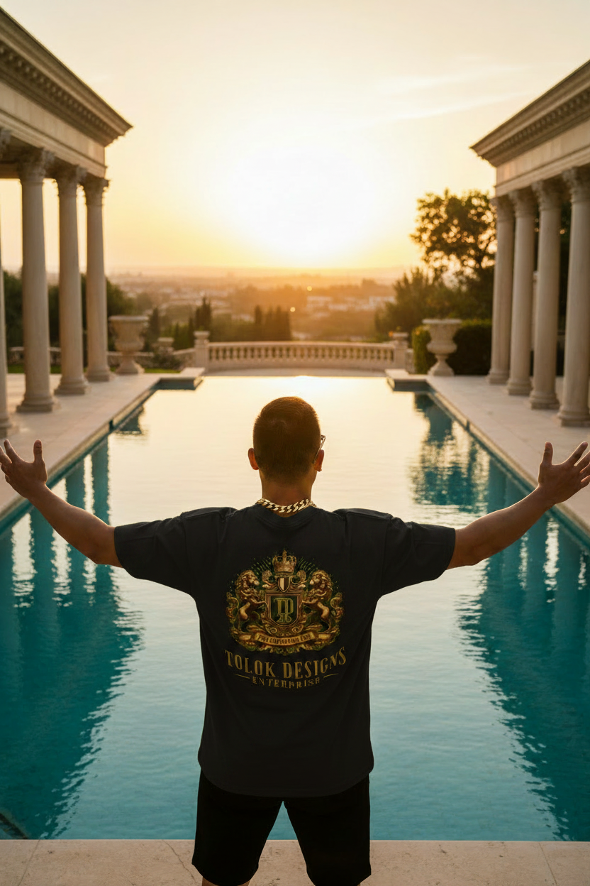 Black Shirt Arms Wide Greek Pool Sunset