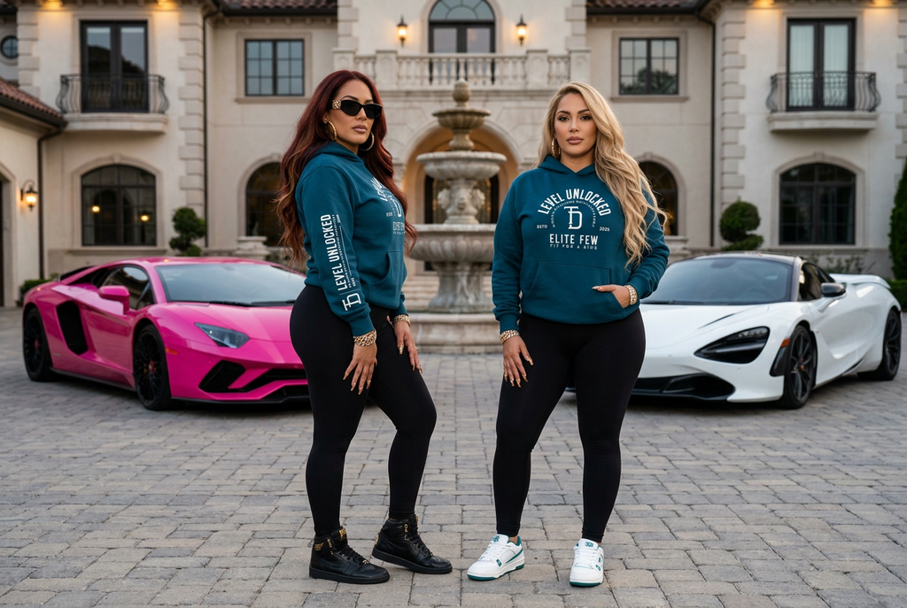 Blue-teal hoodie luxury mansion campaign