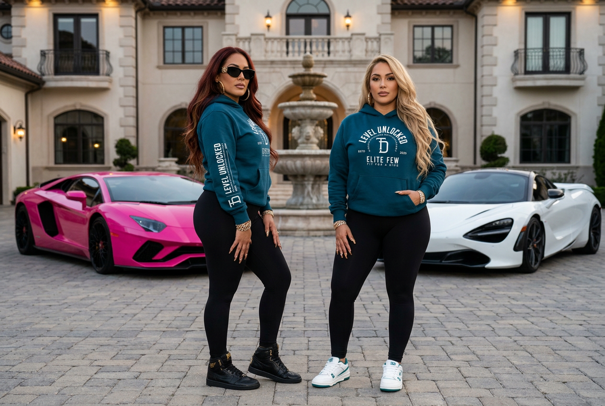 Blue-teal hoodie luxury mansion campaign