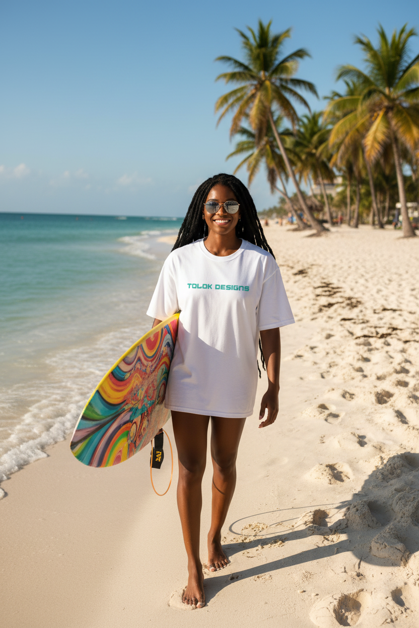 Female Dreads White Tee Surfer