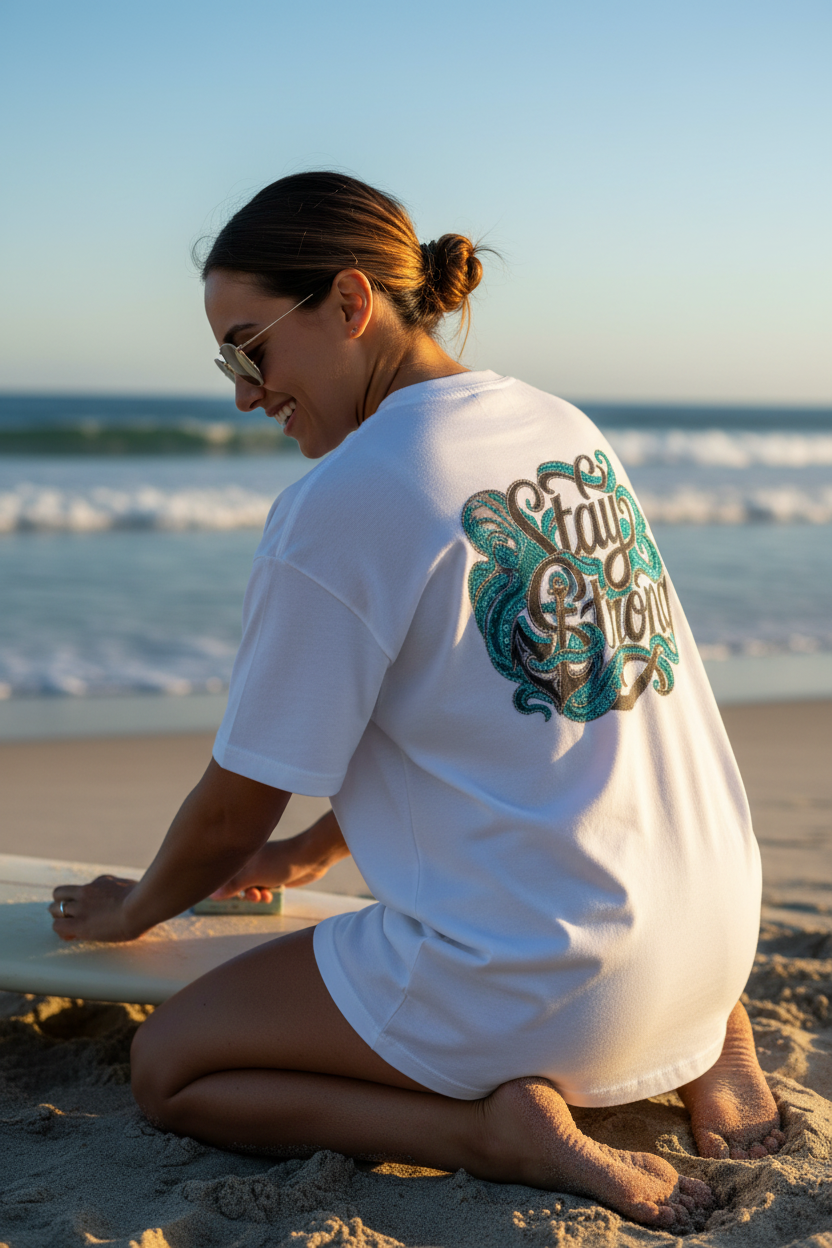 Female Waxing Surfboard Back