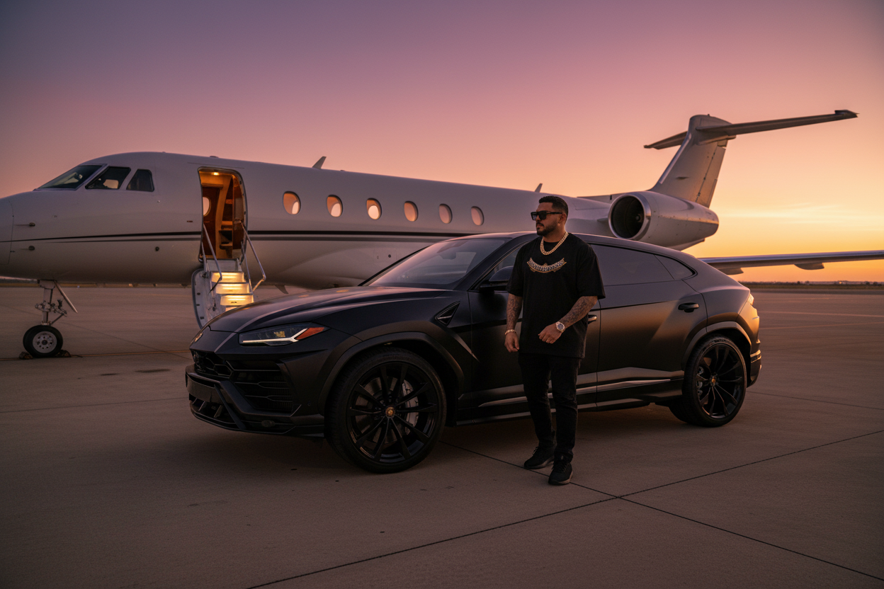 Hispanic - Black Tee - Lambo + Jet Sunset