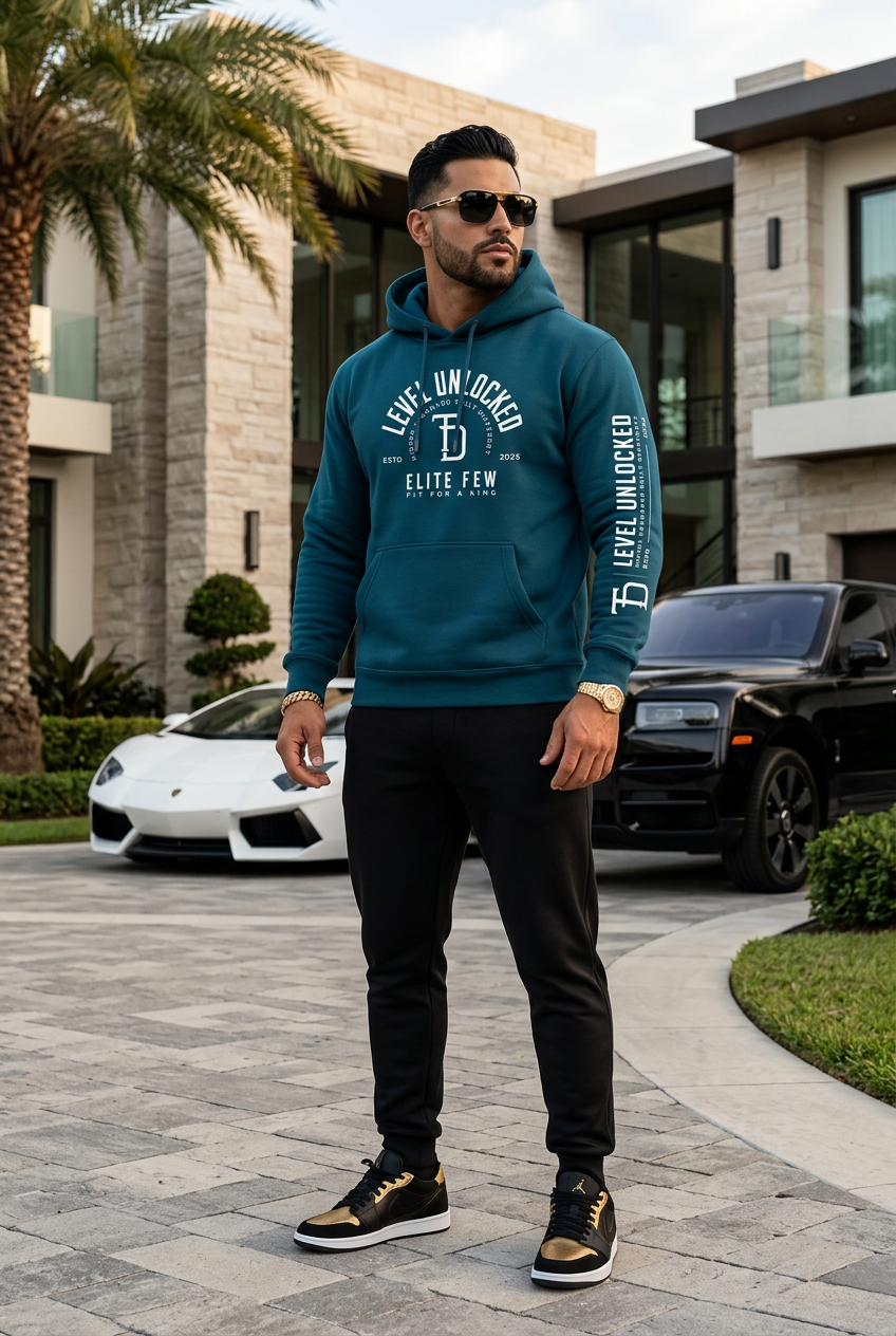 Hispanic male model in blue-teal hoodie beside luxury cars