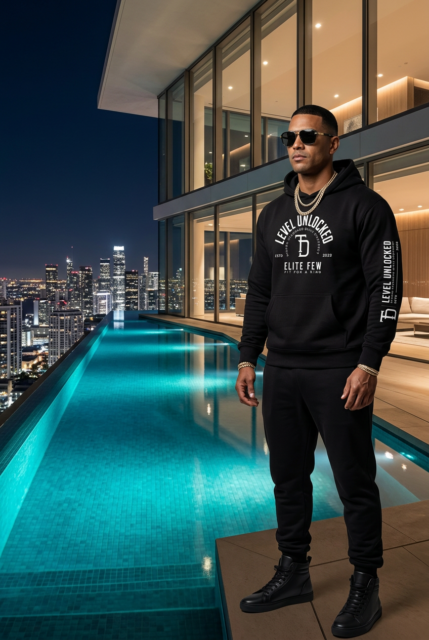 Hispanic male model overlooking city lights from a luxury pool terrace