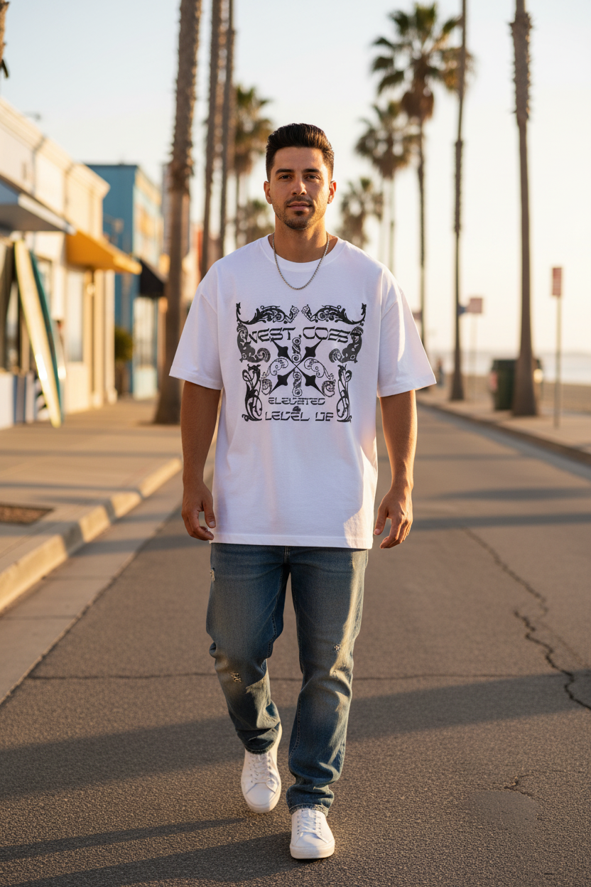 Hispanic male model wearing white West Coast gothic graphic tee in Orange County California
