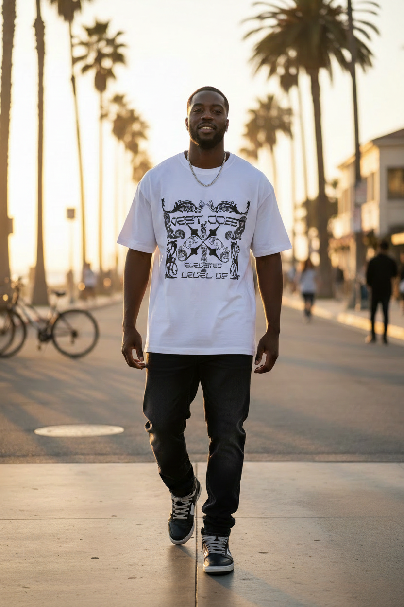 Black male model wearing white West Coast gothic graphic tee in Orange County California