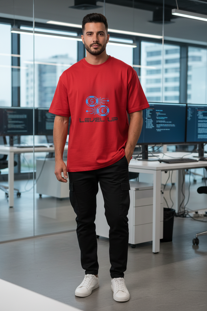 Hispanic male model wearing red Level Up Gaming t-shirt in tech office