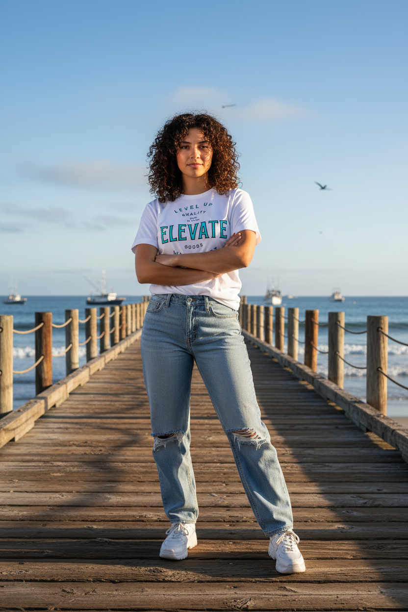Hispanic girl wearing Elevate tee at dockside pier