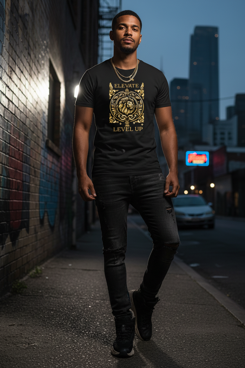 Male model wearing Elevate Level Up black t-shirt