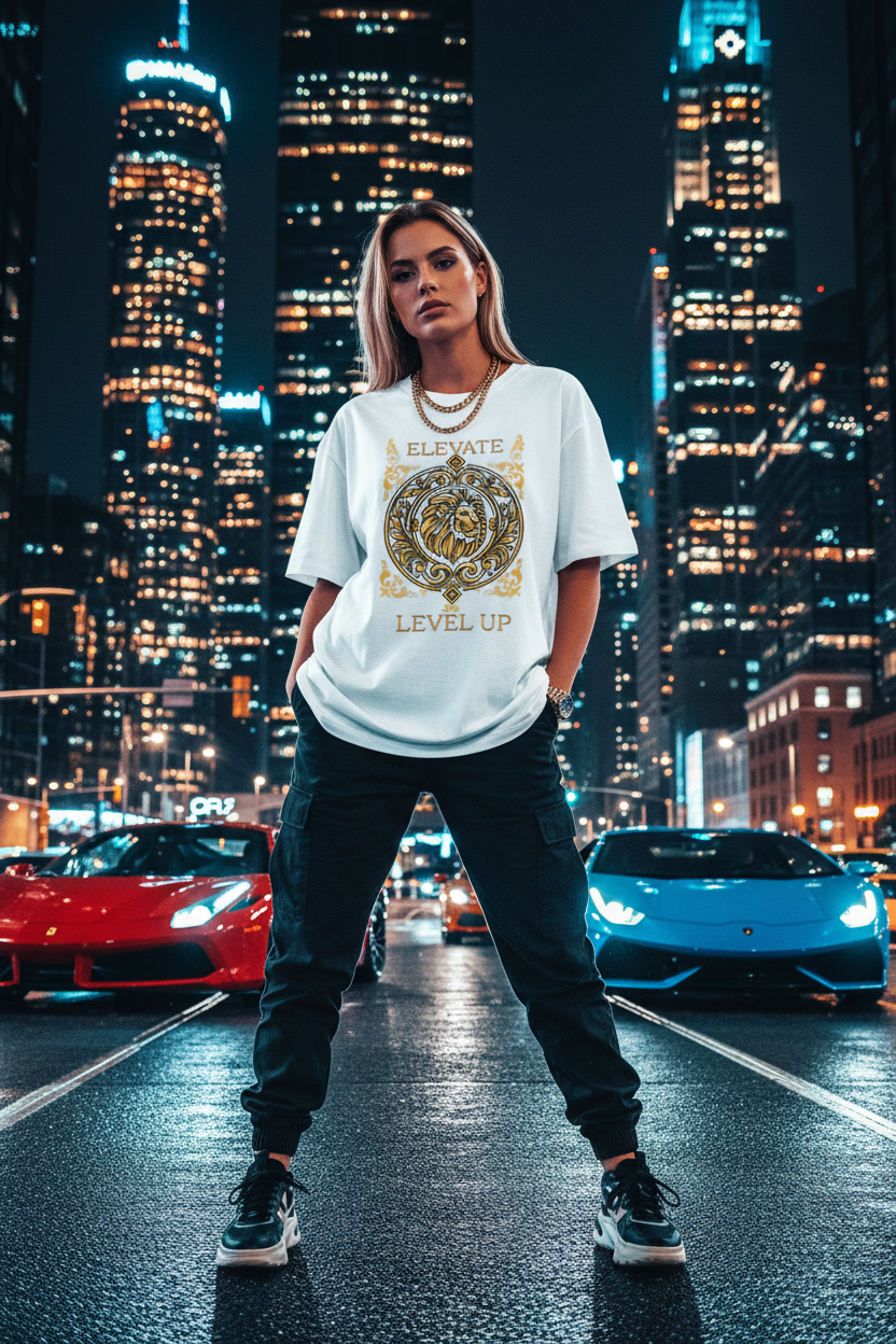 White female model wearing Elevate Level Up Lion Graphic Tee in city night setting with sports cars
