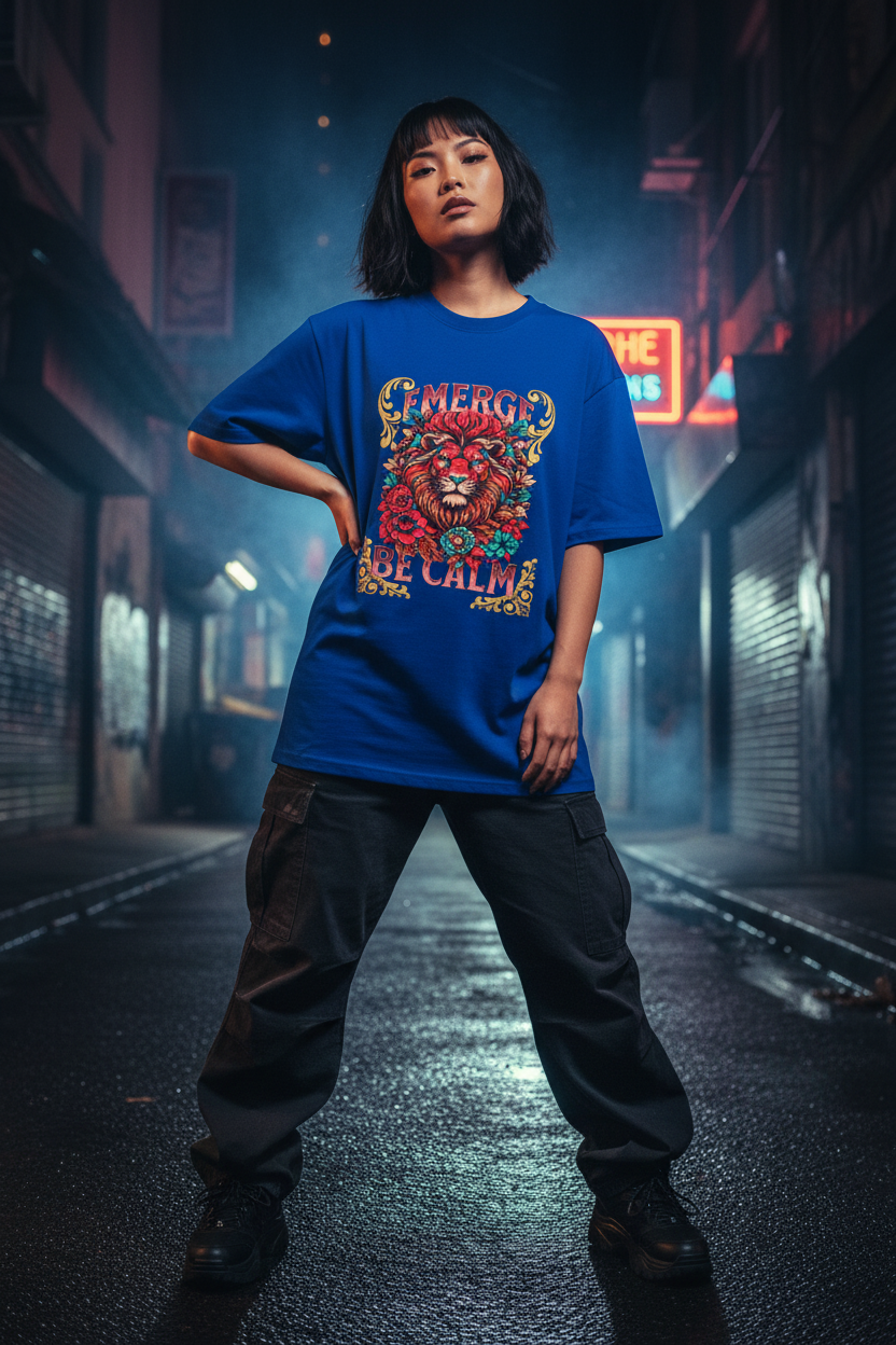 Emerge Be Calm Lion T-Shirt — Bold Floral Lion Graphic Tee