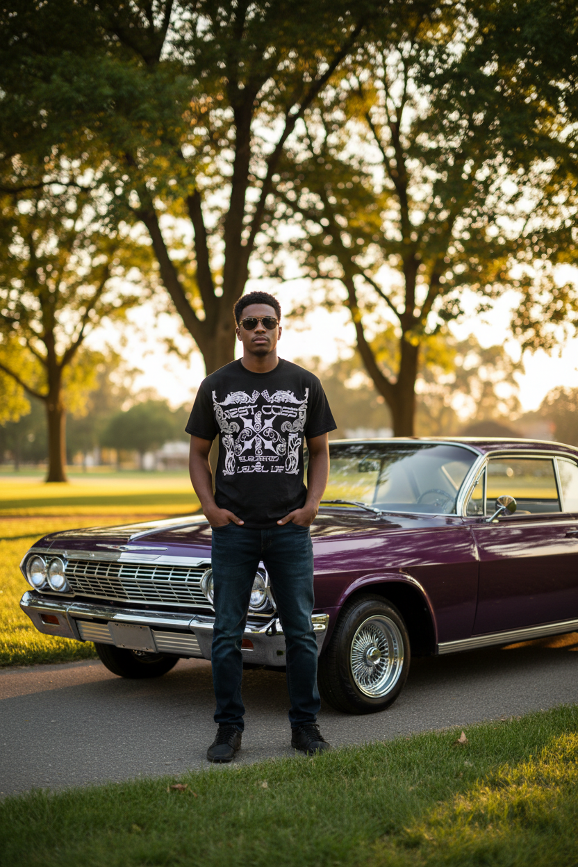 African American man with sunglasses next to 63 Impala wearing West Coast Elevated Level Up tee