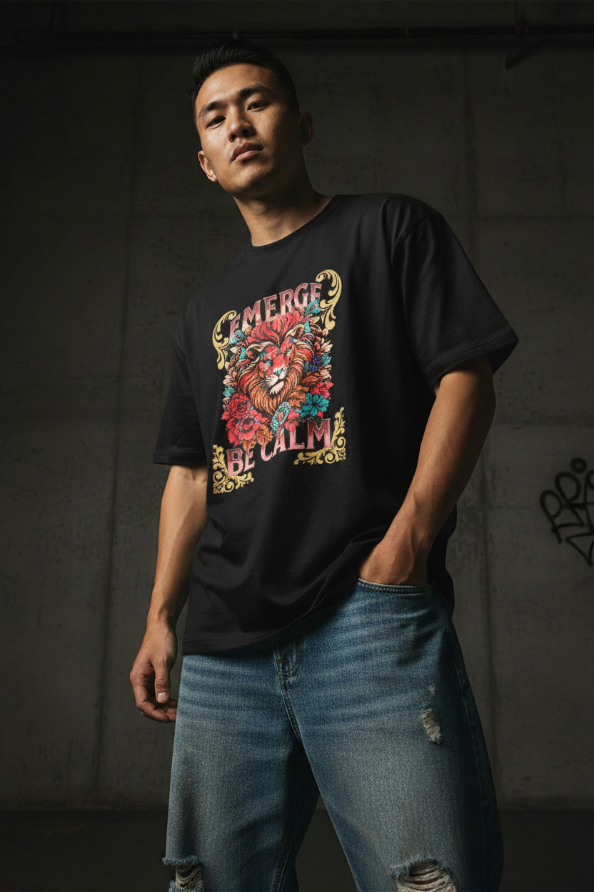 Asian male model wearing green Emerge Be Calm Lion T-Shirt in moody studio