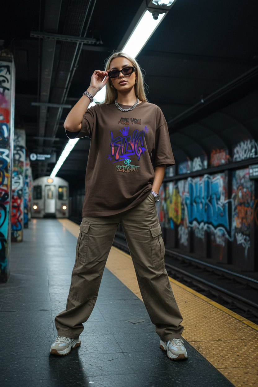 White female model wearing brown King Graffiti t-shirt in NJ subway