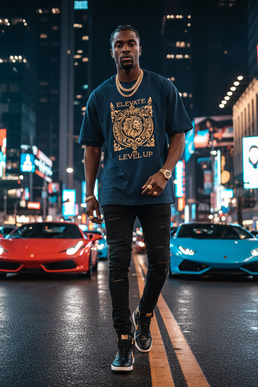 Black male model wearing navy blue Elevate Level Up Lion Graphic Tee in city night setting with sports cars