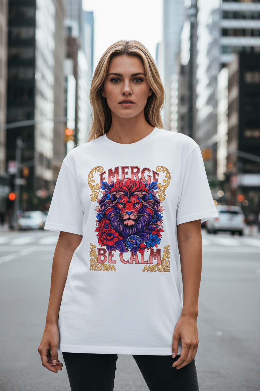 White female model wearing white Emerge Be Calm Lion T-Shirt in urban city