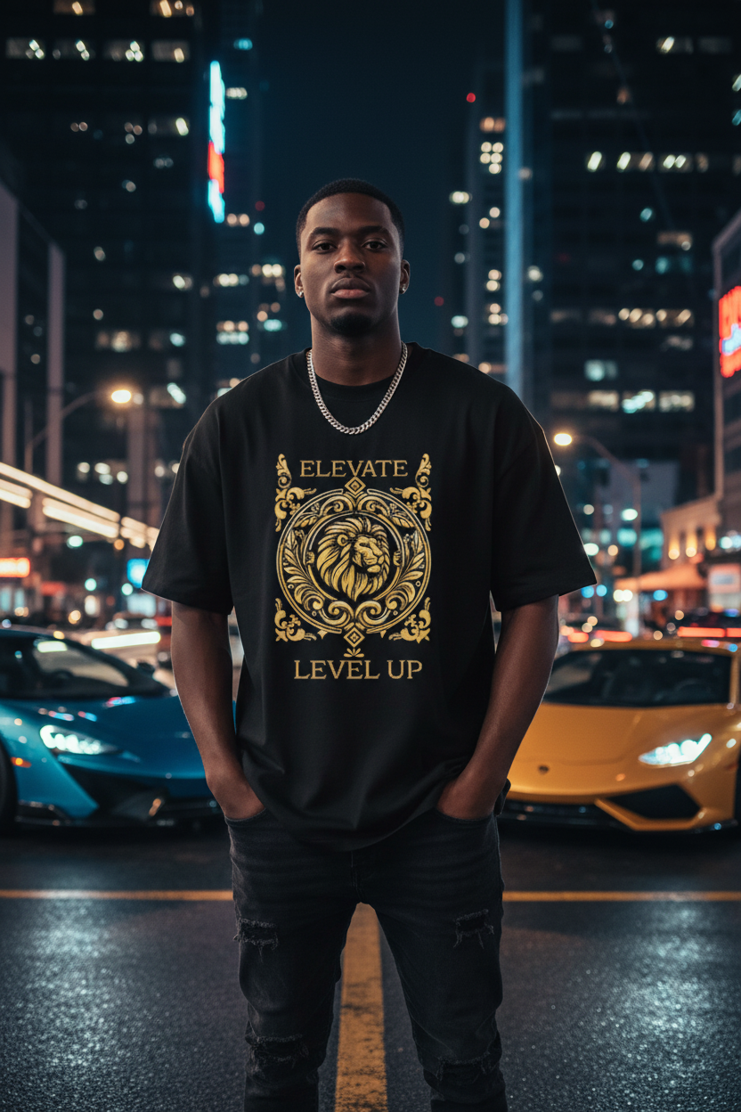 Black male model wearing black Elevate Level Up Lion Graphic Tee in city night setting with sports cars