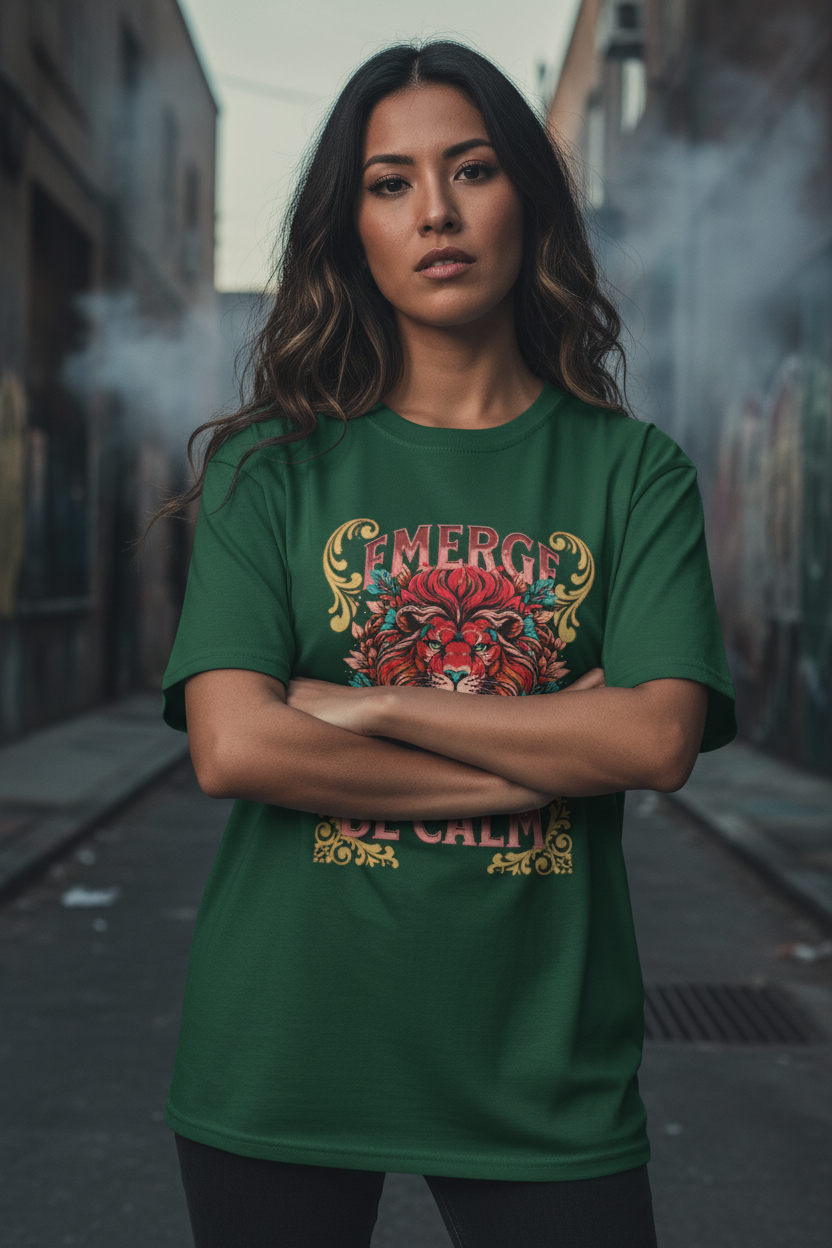 Emerge Be Calm Lion T-Shirt — Bold Floral Lion Graphic Tee