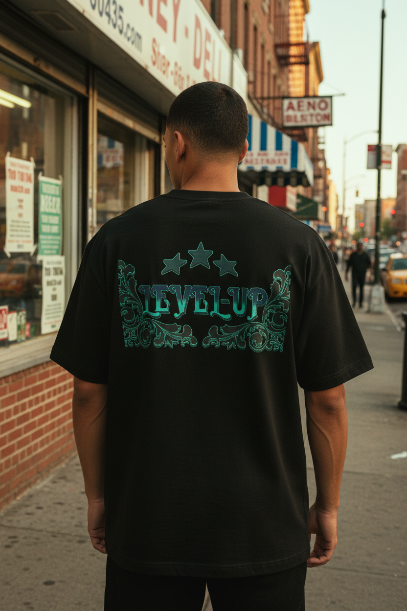 Puerto Rican male model full back view of black Level-Up Boxy Tee outside Bronx deli shop