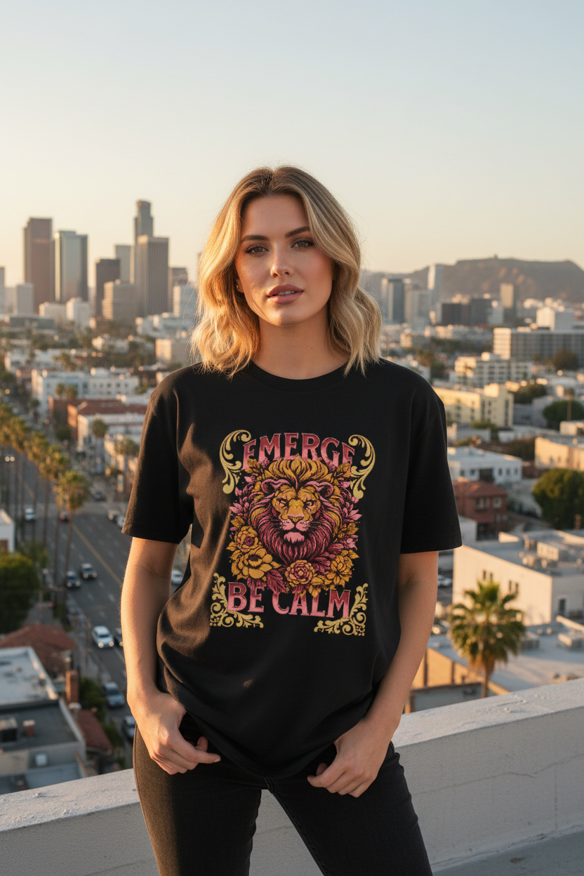 White female model wearing Emerge Be Calm Lion T-Shirt in Los Angeles