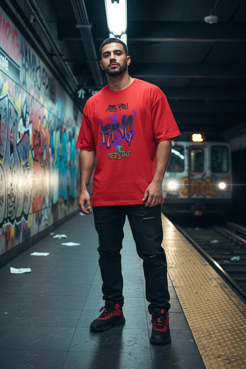 Hispanic male model wearing red King Graffiti t-shirt in NJ subway